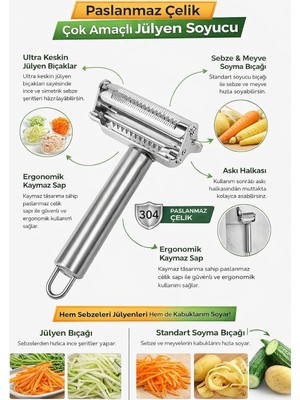OEM Paslanmaz Çelik Çift Taraflı Y Tipi Sebze Soyacağı, Bir Yüzü Düz, Diğer Yüzü Julienne Kesici Bıçaklı, Ergonomik Saplı, Patates Meyve ve Sebzeler Için Dayanıklı Mutfak Aparatı