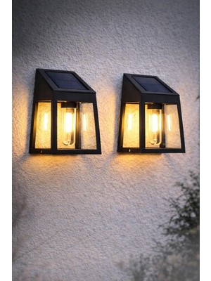 Özkaya Store Solar Duvar Aplik, Siyah, IP44 Su Geçirmez, Sensörlü, Güneş Enerjili, 2'li Set, Bahçe ve Balkon Için, Modern Stil
