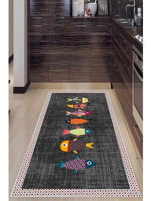Özkaya Store Pelangi Koyu Gri Zemin Renkli Balık Desenli Yıkanabilir Kaymaz Taban Leke Tutmaz Modern Mutfak Halısı, Gri 120 x 160