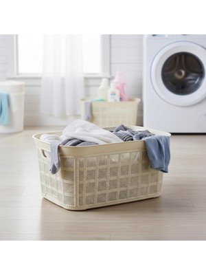 Özkaya Store 35 Lt Hasır Desenli Plastik Çamaşır Selesi - Ergonomik Tutma Saplı Kirli Sepeti, Hava Alabilen Delikli Tasarım, Banyo ve Çamaşır Odası Düzenleyici, Krem
