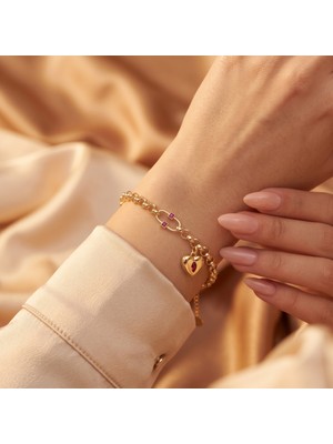 cm Jewelry Vıp Seri 316L Çelik Gold Renk Kırmızı Taşlı Kalp Charm Bileklik 17 cm Ayarlamalı