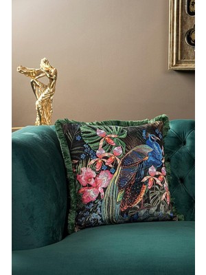 Özkaya Store Asdiva Lüks Kadife 43X43 cm Kırlent Kılıfı Dekoratif Yumuşak Salon Avangart Saçaklı Yeşil Siyah