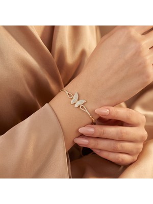 Xuping Jewelry Vıp Seri 316L Çelik Gold Renk Zirkon Taşlı Kelebek Figürlü Bileklik 19 cm