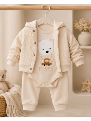 Babyim Ayıcık Desenli 3 Parça Bebek Takımı Kapüşonlu Hırka Uzun Kollu Body Pantolon Bej