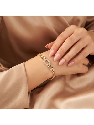 Xuping Jewelry Vıp Seri 316L Çelik Gold Renk Merkez Taşlı Geometrik Geçme Detaylı Zincir Bileklik 19 cm