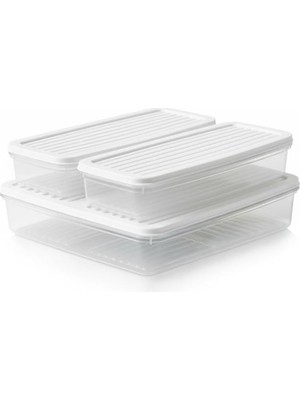 Özkaya Store 3’lü Slim Buzdolabı ve Derin Dondurucu Saklama Kabı Seti, 1 Büyük (28CM) ve 2 Küçük (27CM) Ince Uzun Erzak Kutusu, Gri ve Beyaz Kapaklı Mutfak Düzenleyici (Beyaz - 3 Lü Set)
