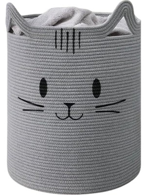Özkaya Store Çizgibıyık Jüt Sevimli Kedi Desenli Çocuk Odası Sepeti Oyuncak ve Çamaşır Düzenleyici Katlanabilir Büyük Organizer Geniş Hacimli Kirli Sepeti Giyisi Battaniye Depolayıcısı (Gri)