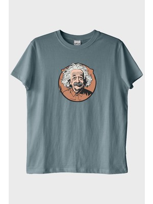 Lofux Albert Einstein Portre Baskılı Tasarım Mavi Tişört