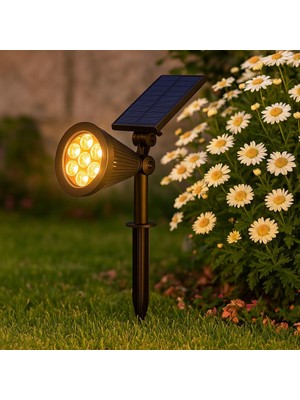 Özkaya Store 7W Solar LED Bahçe Armatürü Amber Işık – Güneş Enerjili Kazıklı &amp; Duvar Montajlı Çim Aydınlatma Lambası – 7 Led, IP65, 90 Lümen, 140X270X95 mm