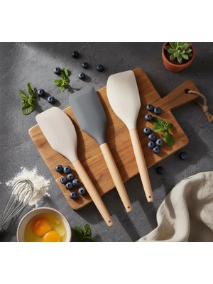 Özkaya Store Bambu Saplı Silikon Dar Sıyırma Spatulası, Bambu Uzun Silikon Dar Spatula 27CM 3 Renk Seçenekli (Taba)