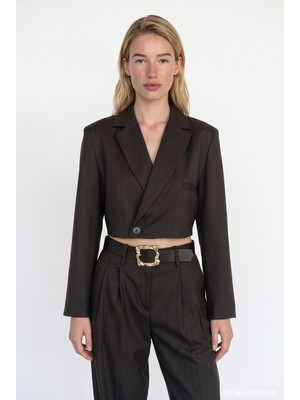 Quzu Ince Çizgili Kruvaze Crop Blazer Ceket Kahverengi