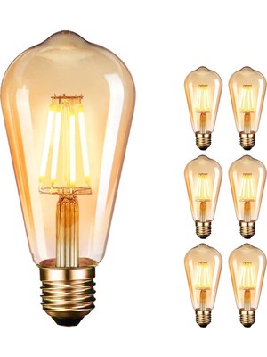 Özkaya Store Edison Vintage LED Ampul E27 (4W/220V) 2600-2700 K Retro Antik, Kehribar Sıcak, 6'lı Paket