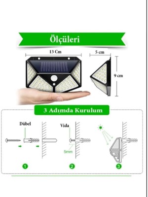 OEM Solar LED Bahçe Lambası, 100 LED Hareket Sensörlü 13X9X5 Cm, 3 Modlu Güneş Enerjili Solar Lamba, Dış Mekan Aydınlatma, Duvar Montajlı