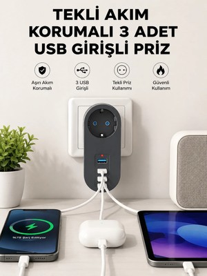 TeknoKapsül Isıya Dayanıklı 3 USB Portlu Güvenlikli Priz – Akıllı Enerji Yönetimi