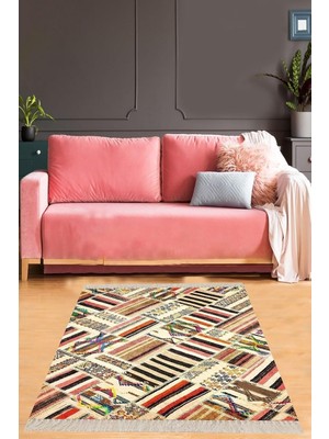 Pelangi Patchwork Kırkyama Desenli Dijital Baskı Yıkanabilir Kaymaz Taban Etnik Salon Halısı, �