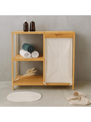 Bambu 3 Raflı Kirli Çamaşır Sepeti | Kapaklı & Kumaş Torbalı Doğal Ahşap Banyo Düzenleyici