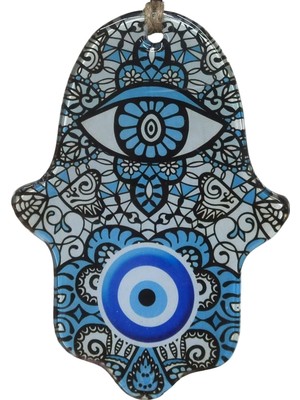 Dantel Motifli Cam Hamsa Eli Duvar Dekoru - Nazar Boncuklu Jüt Ipli Süs 10X15 cm