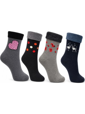 4’lü Kadın Kışlık Havlu Çorap Sıcak Tutan Yumuşak Karışık Desenli Günlük Çorap Seti