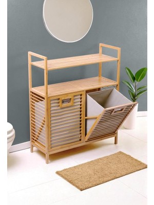 Bambu 2'li Kirli Sepetli 2 Raflı Çok Amaçlı Banyo Düzenleyici Çamaşır Sepeti DB-0040