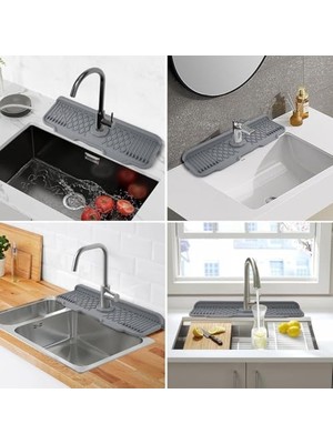 TeknoKapsül Xspring Silikon Musluk Matı, 43X15 cm Mutfak Lavabo Koruyucu, Silikon Musluk Matı Bulaşık Süngeri Tutucu, Kaymaz Gri Kurutma Matı, Mutfak ve Banyo Tezgah Koruma