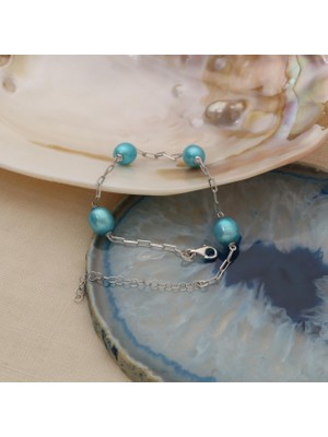 Nox Jewelry 925 Ayar Gümüş Rodyum Kaplama Mavi Tatlı Su İncili Duraklı Ataç Zincirli Kadın Bileklik - CBP00124