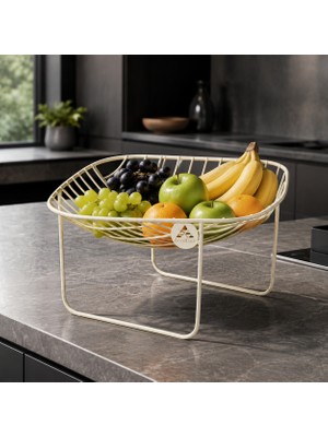 Gastrometa Krem Metal Meyve ve Sunum Sepeti – Kare Formlu Yüksek Ayaklı Tasarım – 27,5 x 27,5 x 17 cm