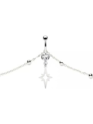 AyrStore Takıconcept Vücut Zincirli Kuzey Yıldızı Sallantılı Çelik Göbek Piercing, Gümüş