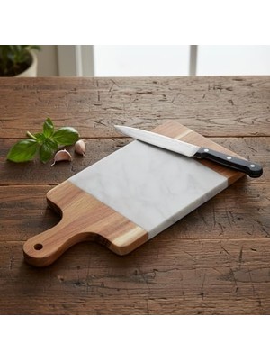 TeknoKapsül Akasya Mermer Sunumluk 33X13 cm - Doğal Ahşap ve Beyaz Mermer Detaylı Peynir, Şarküteri ve Kahvaltı Sunum Tahtası