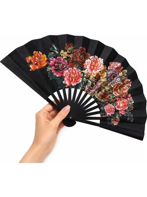 AyrStore Coverzone Katlanabilir El Yelpazesi Siyah Çiçek Desenli Japon Yelpazesi Taşınabilir El Fanı Yaz