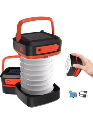 AyrStore Solar Akordeon Kırmızı Kamp Lambası 360° LED Beyaz Işık Dahili Batarya Güneş Paneli + USB �
