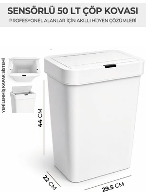 AyrStore Temassız Otomatik Sensörlü Hijyenik Çöp Kovası Yerli Üretim 50 Litre-Beyaz