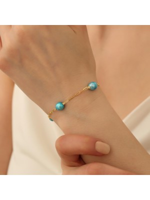 Nox Jewelry 14 Ayar Altın Kaplama 7 mm Mavi Tatlı Su İncili Duraklı Ataç Zincirli Kadın Gümüş Bileklik CBP00115