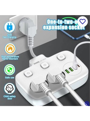 TeknoKapsül Akım Korumalı 2’li Ayrı Anahtarlı Priz, 2x Priz, 3x Usb, 1x Type-C, 2 mt Kablo, Hızlı Şarj