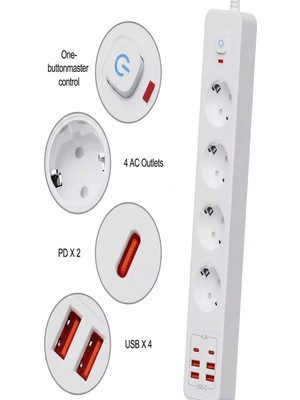 TeknoKapsül Termal Akım Korumalı 4’lü Priz 4x USB 2x Type-C Çıkışlı Grup Priz Çoğaltıcı (3500W)