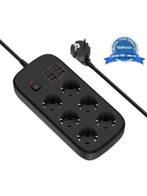 TeknoKapsül Termal Akım Korumalı 6’lü Priz 4x USB 2x Type-C Çıkışlı Grup Priz Çoğaltıcı (3500W) Siyah