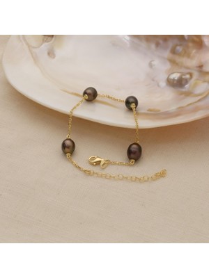 Nox Jewelry 14 Ayar Altın Kaplama 925 Ayar Gümüş 7 mm Kahverengi Tatlı Su İncili Duraklı Kadın Bileklik - CBP00121