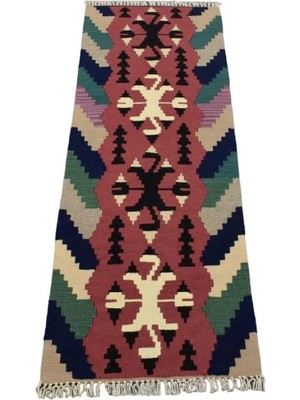Zehra Abla Halı Yeni El Dokuma Pınarbaşı Kayseri Renkli Yün Mini Yolluk Kilim 6326 Renkli-60 x