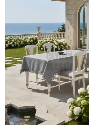 Bezos Fransız Güpürlü Leke Tutmaz Tek Masa Örtüsü 150X220CM - Gri