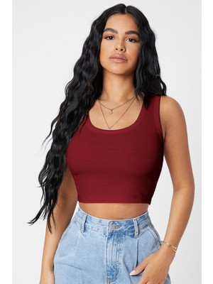 Melonika Kadın Bordo Kare Yaka Crop Top Bluz