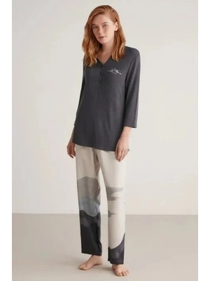 Melonika Nautıca W604 Kadın Patlı V Yaka Uzun Kollu Pijama Takımı