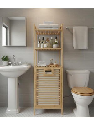 Ayrex %100 Doğal Bambu Kirli Çamaşır Sepeti ve 3 Raflı Banyo Düzenleyici Dolap Organizer