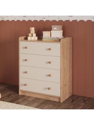 Bimossa N3120 Daffy Dört Çekmeceli Şifonyer Sepet-Kumtaşı - Geniş Çekmeceli Modern Bebek Odası Dolabı