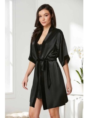 Melonika Pierre Cardin 4045 Kadife Saten Dantelli Gecelik ve Sabahlık Takımı