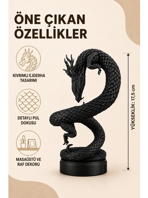 Eb Studio Siyah Kıvrımlı Ejderha Figürü 17,5 cm Detaylı Masaüstü Biblo ve Raf Dekoru