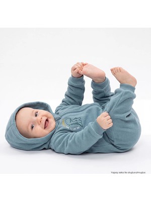 Hellobaby Erkek Bebek Polar Tulum Dinozor Baskılı Fermuarlı Kapüşonlu Uzun Kol Ribanalı