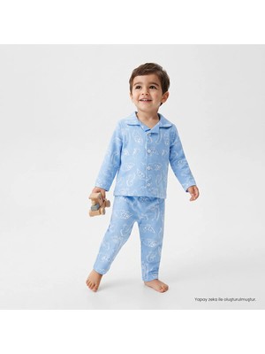 Hellobaby Erkek Bebek Pijama Takımı Hayvan Baskılı Düğmeli Gömlek Yaka Long Sleeve Reçme