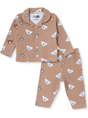 Hellobaby Erkek Bebek Pijama Takımı Hayvan Baskılı Düğmeli Gömlek Yaka Long Sleeve Reçme