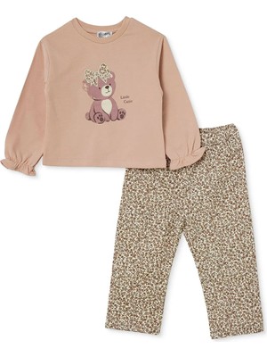 Hellobaby Kız Bebek Bluz-Pantolon Ayı Baskılı Bisiklet Yaka Long Sleeve Reçme