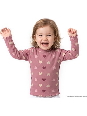 Hellobaby Kız Bebek Tişört Kalp Baskılı Bisiklet Yaka Long Sleeve