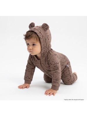 Bebetto Erkek Bebek Tulum Hayvan Baskılı Fermuarlı Kapüşonlu Long Sleeve Patiksiz